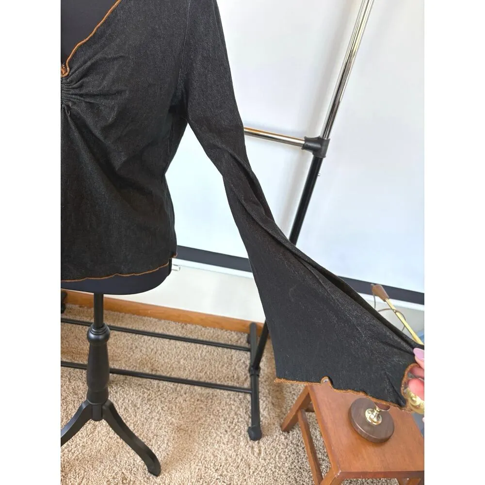 Y2K Coastal Cowgirl Blouse Bell Sleeve Rodeo Honky Tonk Chambray Ranch Small - Image 6