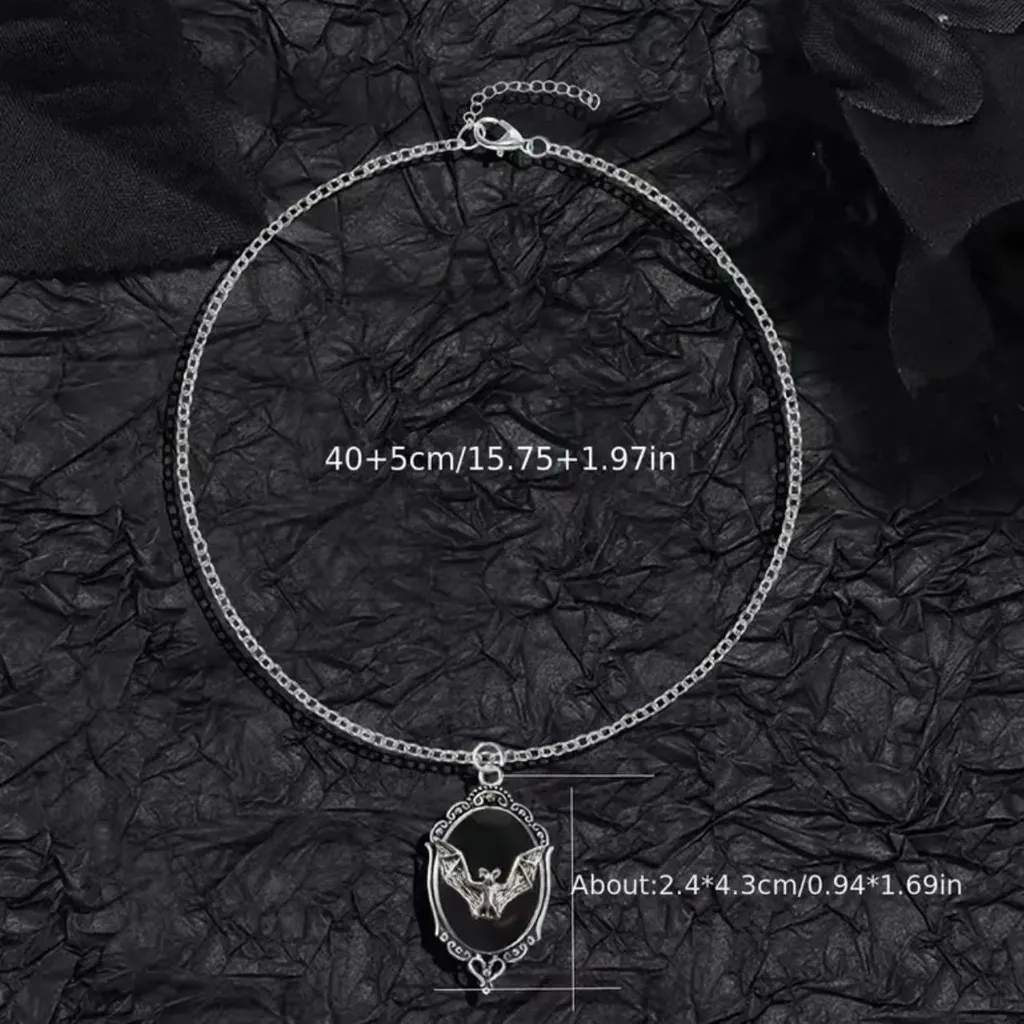 Retro Gothic Style Oval Vampire Bat‎ Pendant Necklace Fashion Collarbone Chain Silver - Image 5