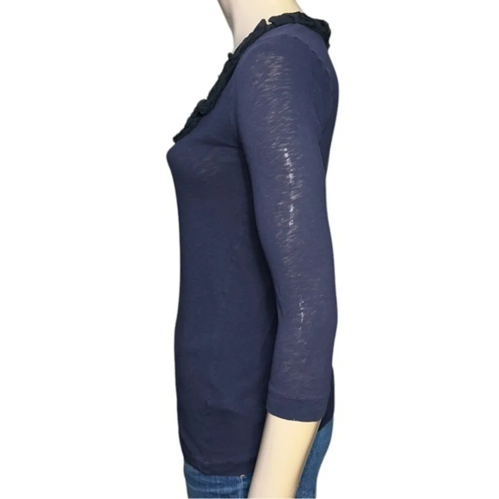 J. Crew Women’s S Navy Blue Black Ruffle Garland Neck Cotton Scoop Neck T-Shirt - Image 3