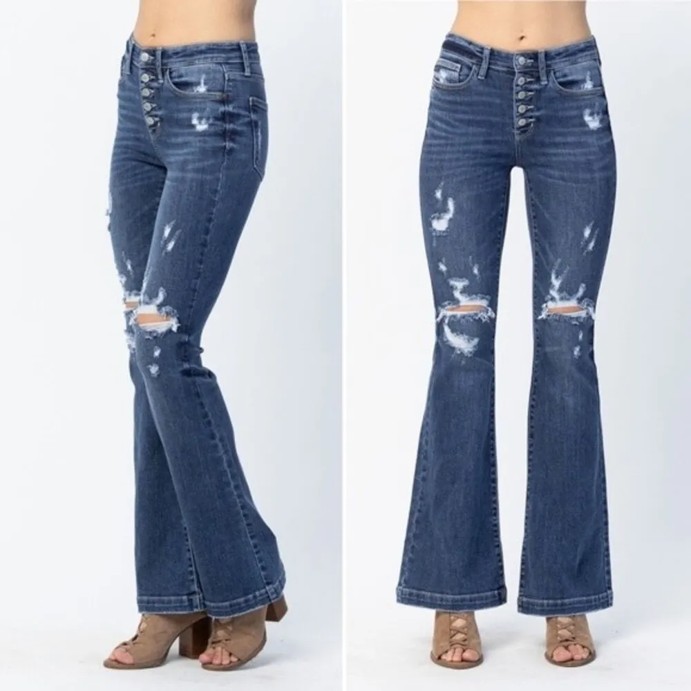 NWT Judy Blue Jeans Judith Button Fly Dark Wash Trouser Flare Size 26 | 2/3 NEW - Image 12