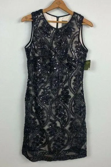 Taylor Dress 4 Black Floral Lace Mesh Illusion Sequin Texture Cocktail Party New - Image 1