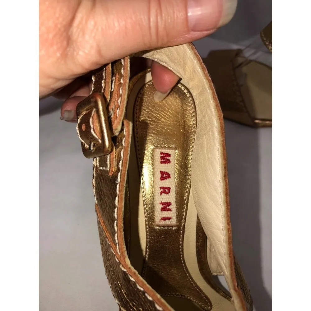Marni Size 35 EU 5 US Gold Strappy Leather Sandals 3.5" Chunky Heel Italy - Image 4