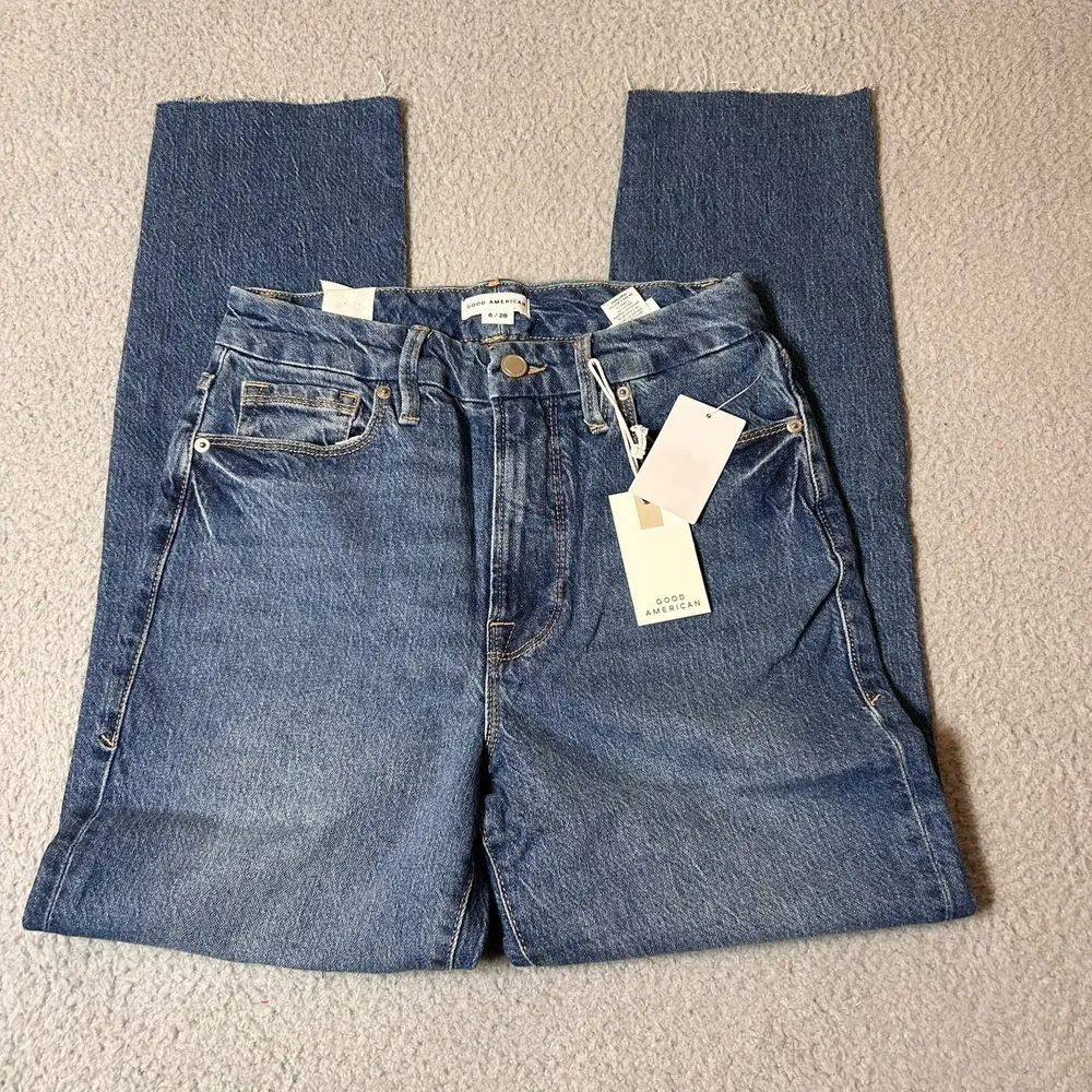 Good American Jeans Womens 6/28 Blue Good Classic Hi-Rise Raw Hem Slim Fit‎ NEW - Image 3