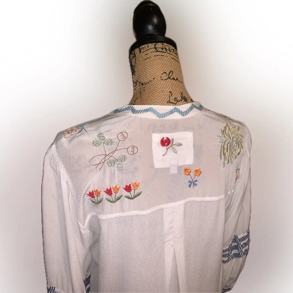 Biya Johnny Was Silk White Colorful Embroidered Henley Button Tunic Blouse S - Image 7