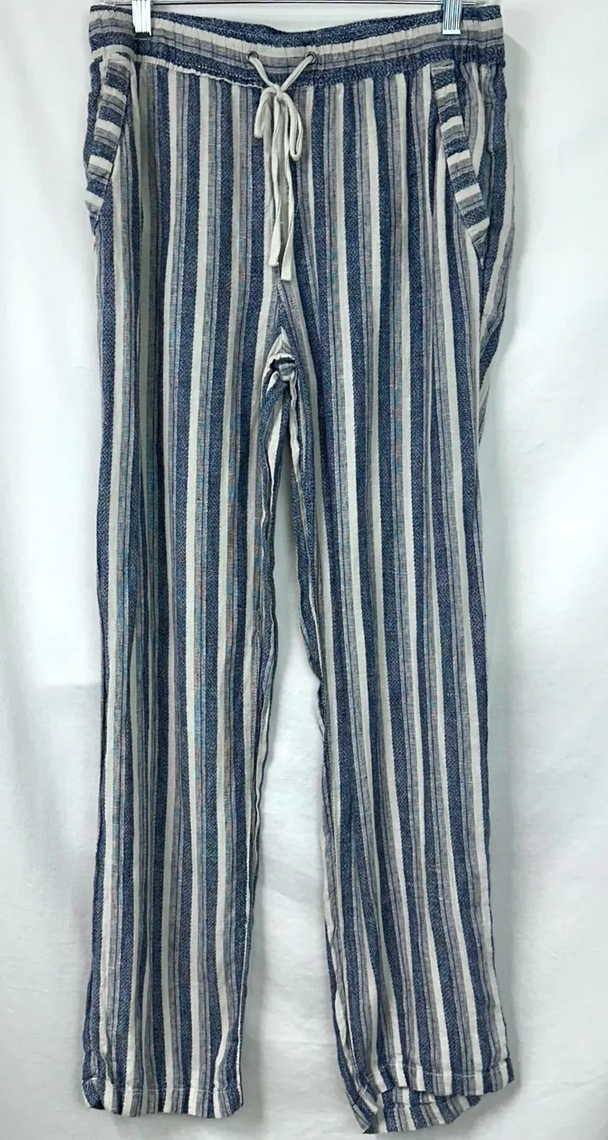 ARTISAN NY 100% Linen Blue Cream Striped Pants Women's M Nautical Coastal Beach - Image 1