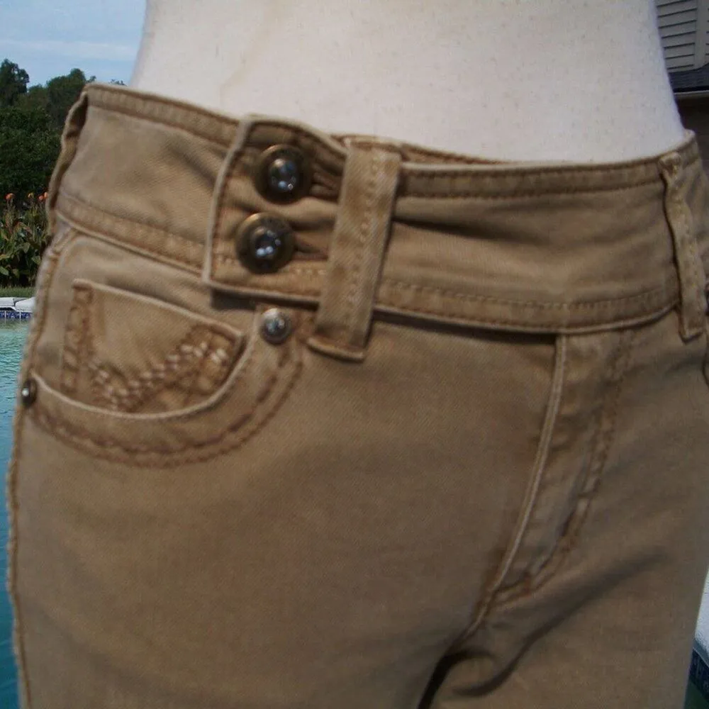 Cache Rhinestone Stud Embellished Tan Jean Pant Straight Leg Stretch NWT $138 - Image 5