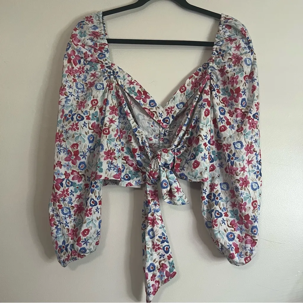 Zara Floral Puff Sleeve Crop Top L‎ Linen Viscose Tie Back NWT - Image 6