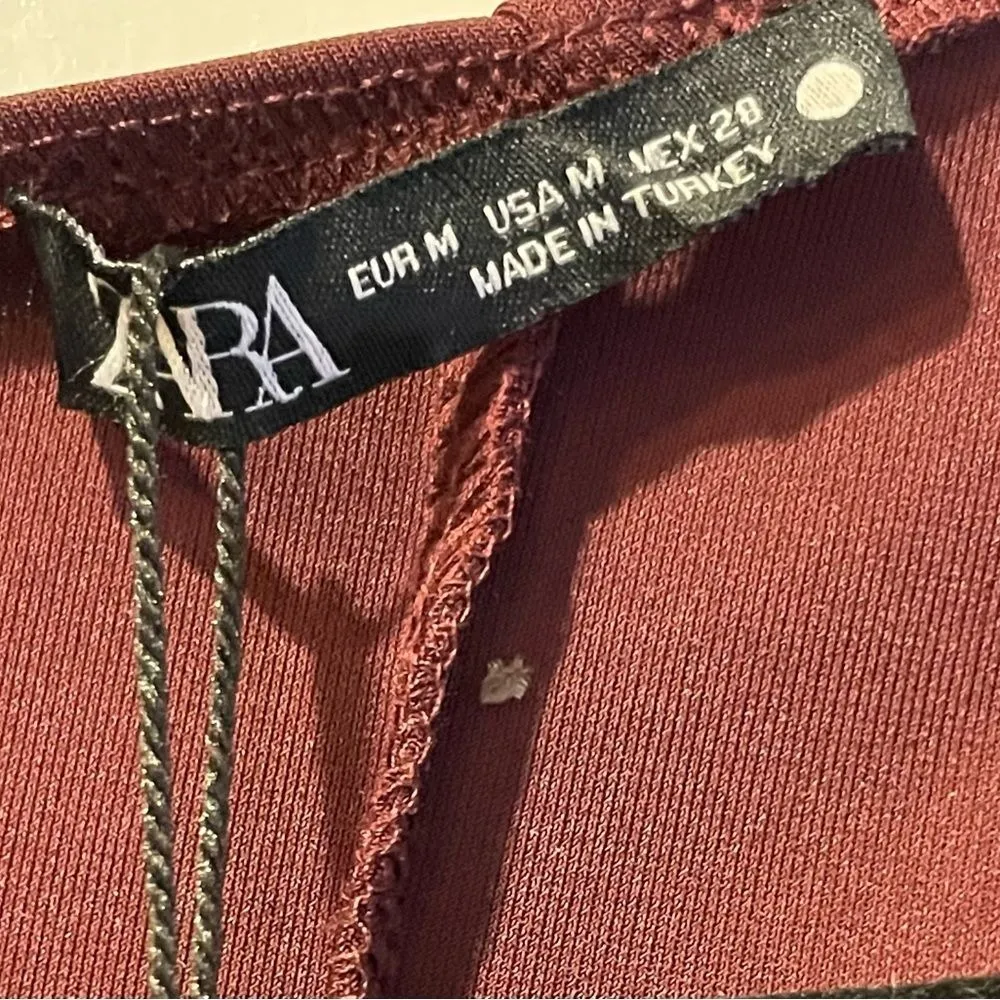 NWT‎ ZARA Asymmetrical Maroon Midi Long Sleeve Dress Size Medium - Image 4