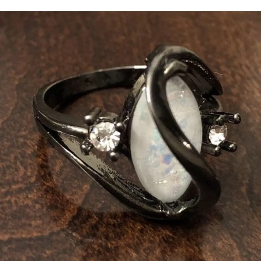 Marquise White Opal Black 925 Ring Size 6 1/2 - Image 4