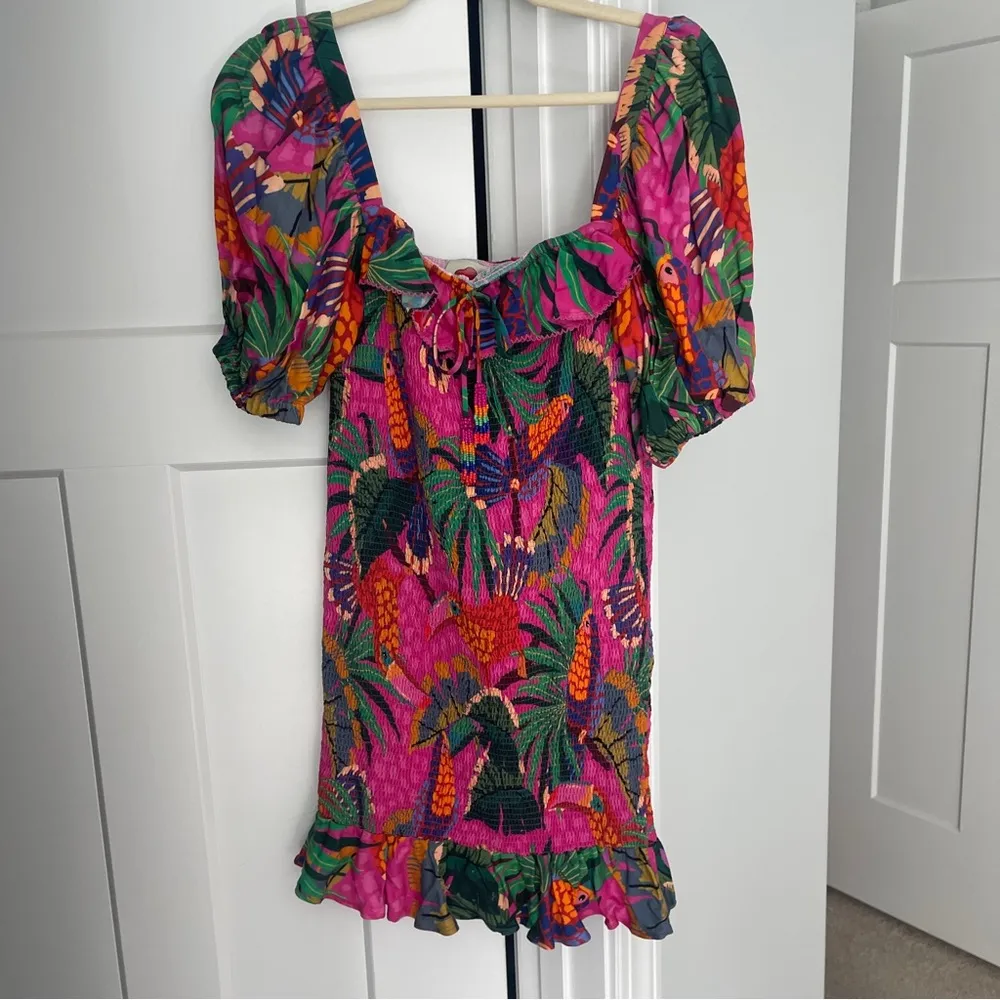 Farm Rio Painted Toucans Mini Dress Smocked Pink - Image 3