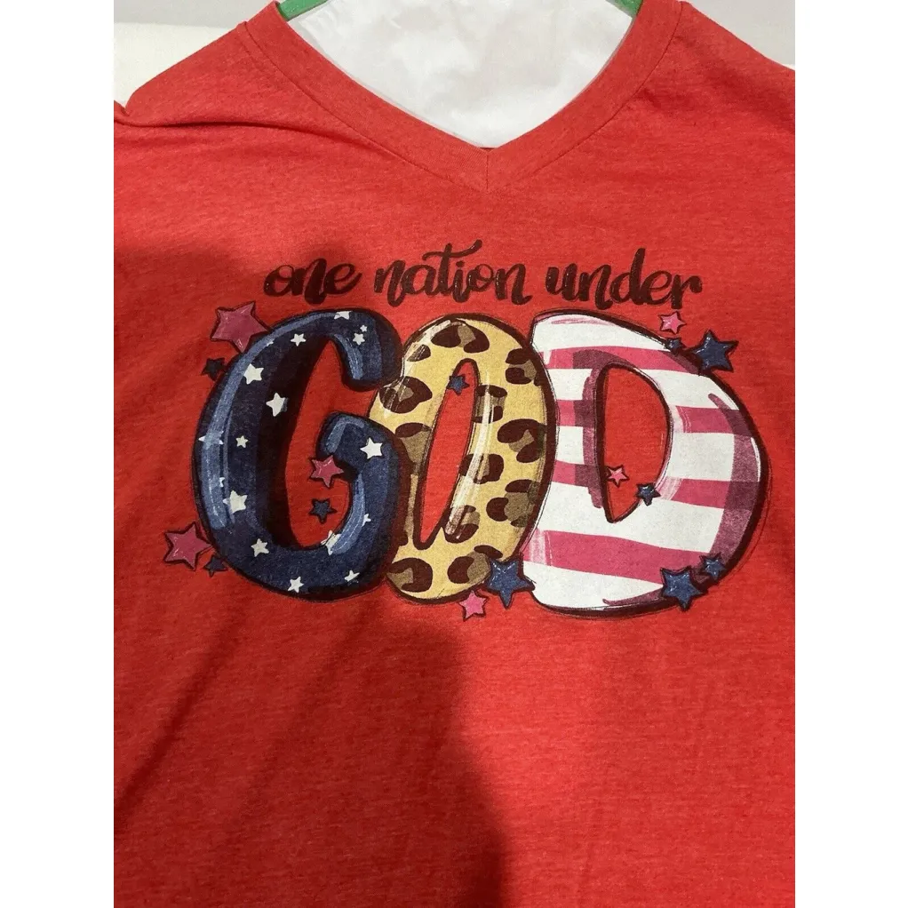 Woman’s XL Red Lif Apparel Short Sleeve T Shirt Says One Nation Under God - Image 2