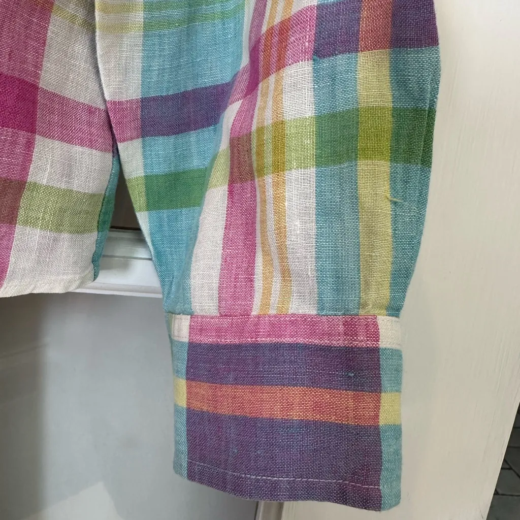 Vintage Ralph Lauren LRL 100% Linen Bright Pastel Plaid Blouse Size Large L - Image 8
