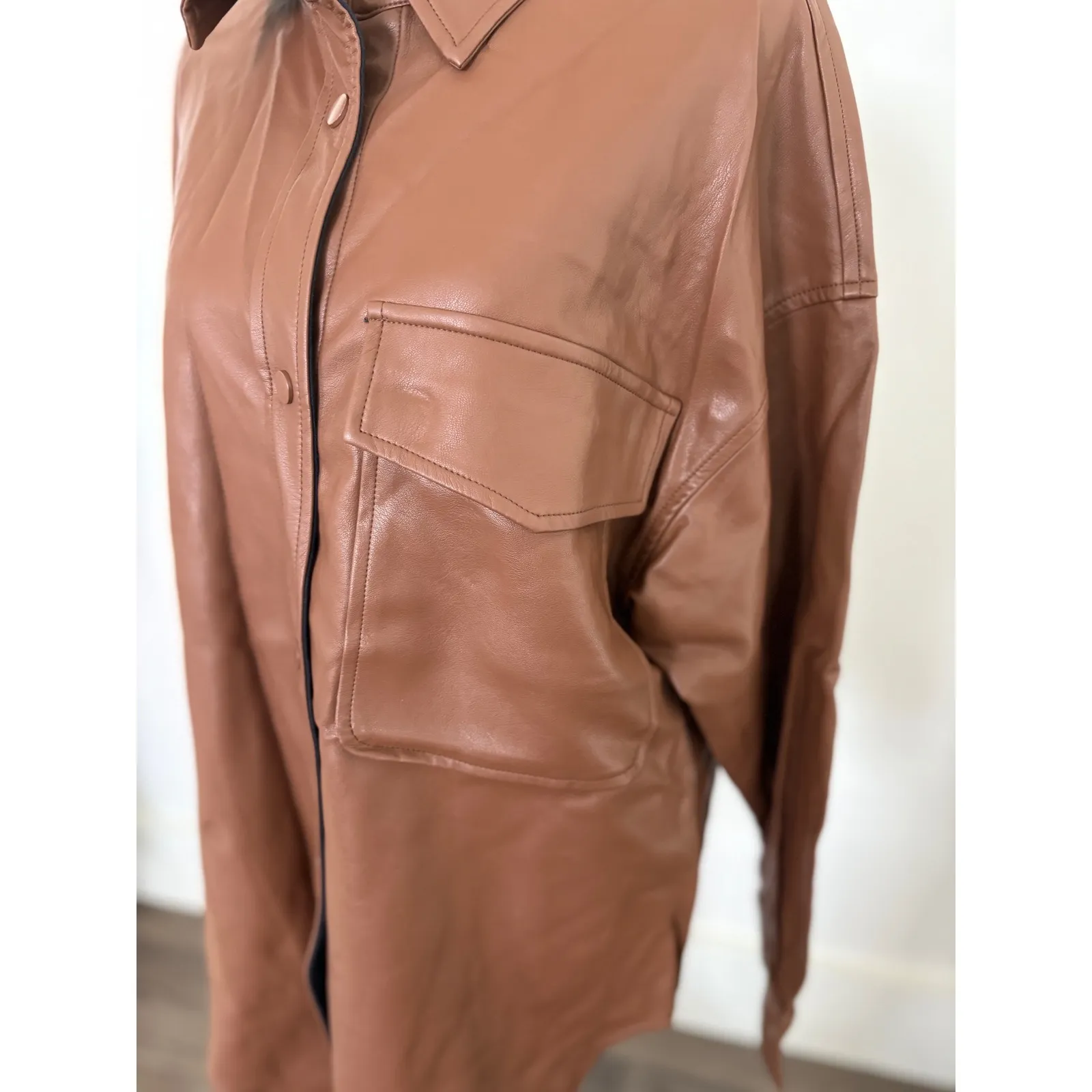 En;semble Faux Leather Shirt Jacket Button Down Oversized‎ Brown Shacket Medium - Image 2