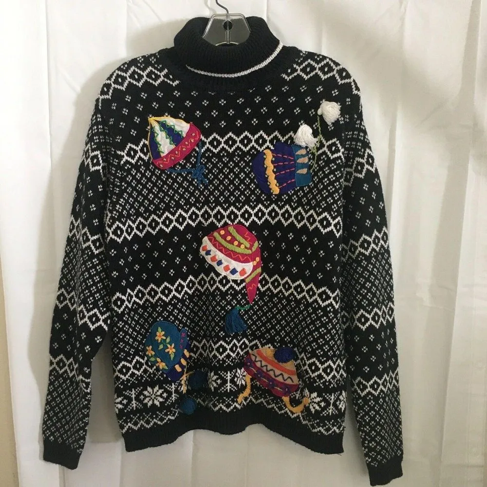 Victoria Jones Fair Isle Black & White Turtleneck Sweater Winter Hats Women’s Lg - Image 9