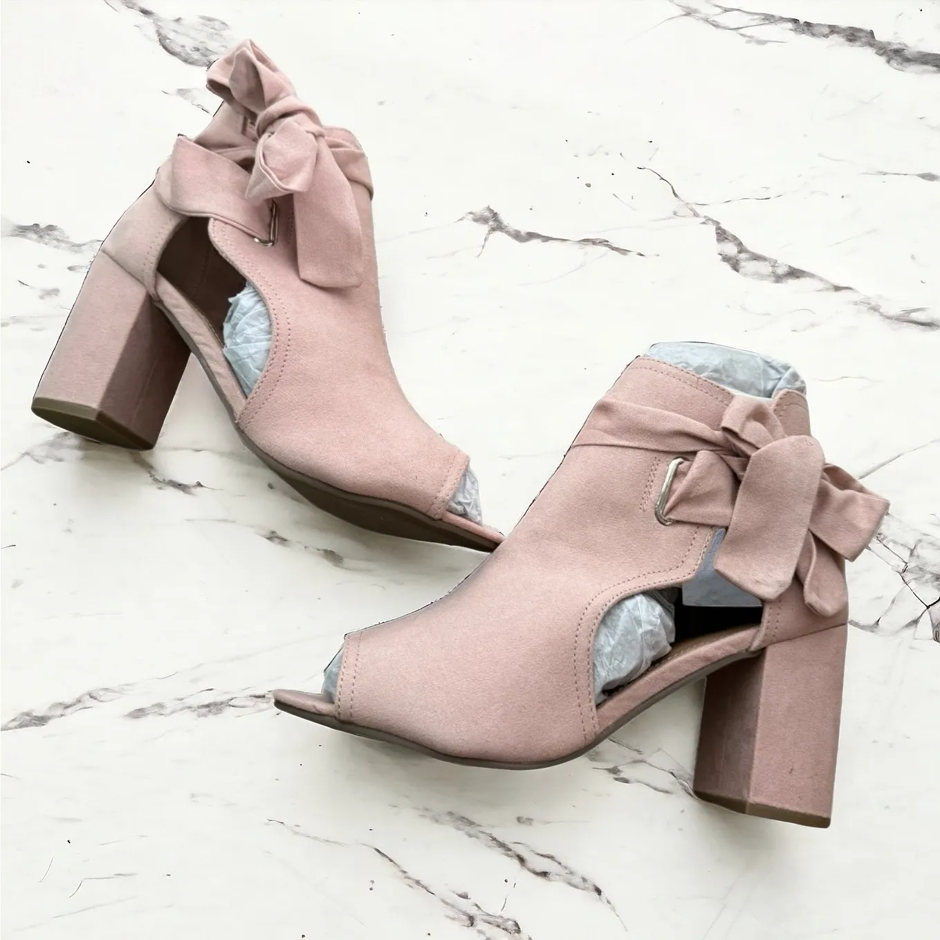 JustFab‎ Womens Shoes Size 6.5 Karine Blush Pink Peep Toe Bootie Ties NEW Bows - Image 5