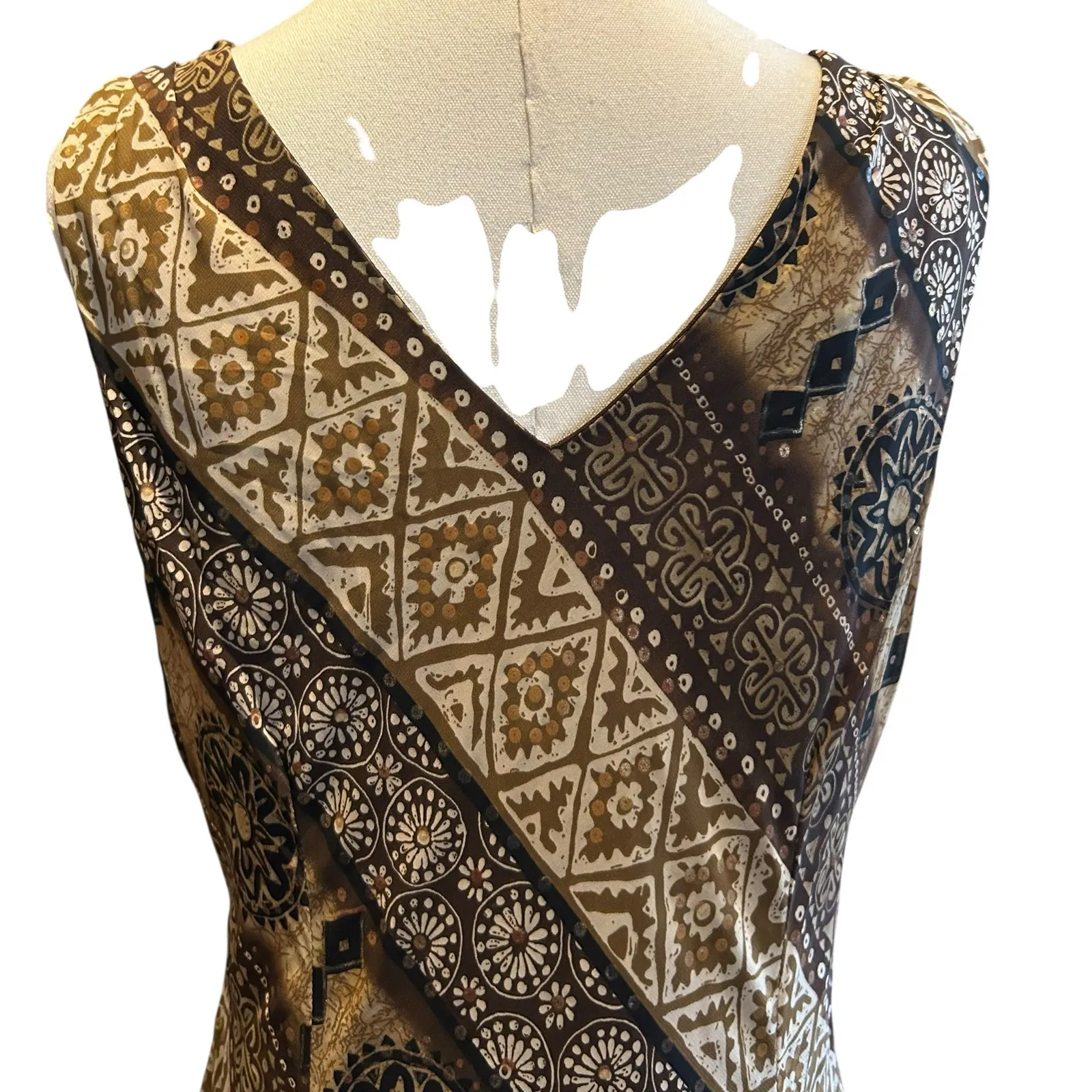 Rabbit Rabbit Rabbit Dress Midi Browns Aztec Sleeveless Sheer Lined Boho SZ 16 Brown - Image 9