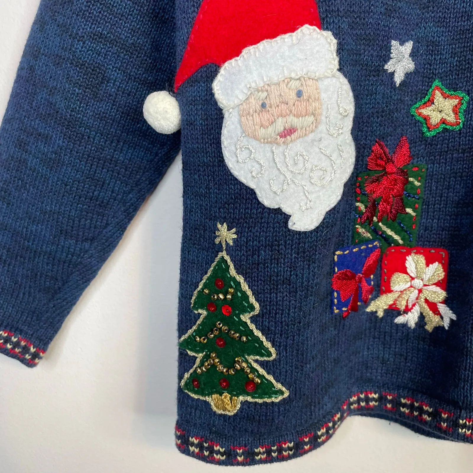 Vintage Tiara Embroidered Beaded Christmas Santa Full Zip Cardigan Sweater S - Image 3