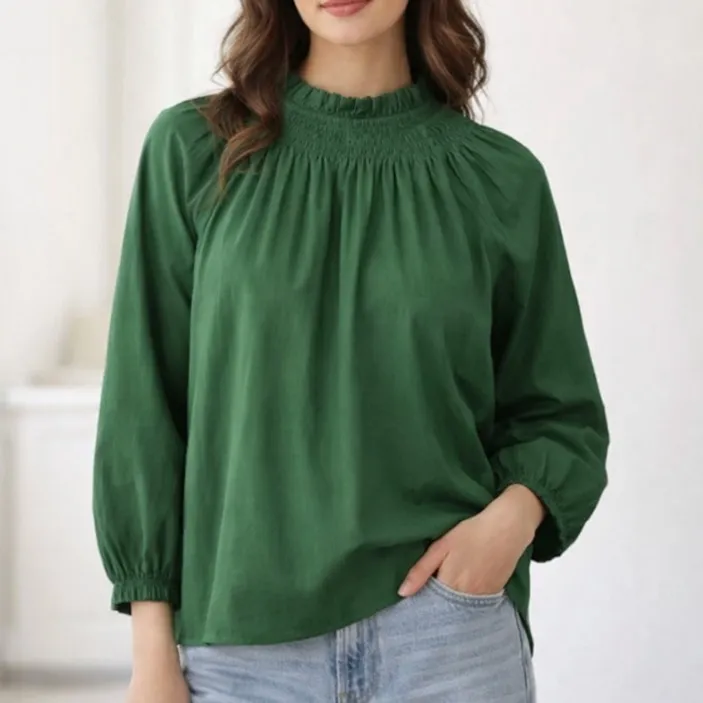 J CREW GREEN HIGH RUFFLE SMOCKED NECK BLOUSE MEDIUM - Image 2