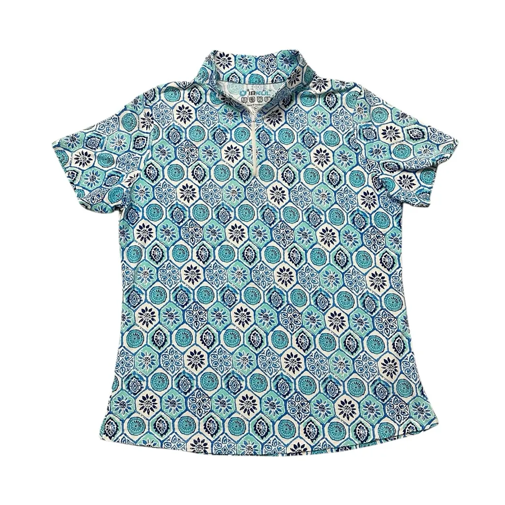 IBKUL Mock Golf Shirt Short Sleeve Blue Moroccan Tile UPF 50+ Size XL - Image 2