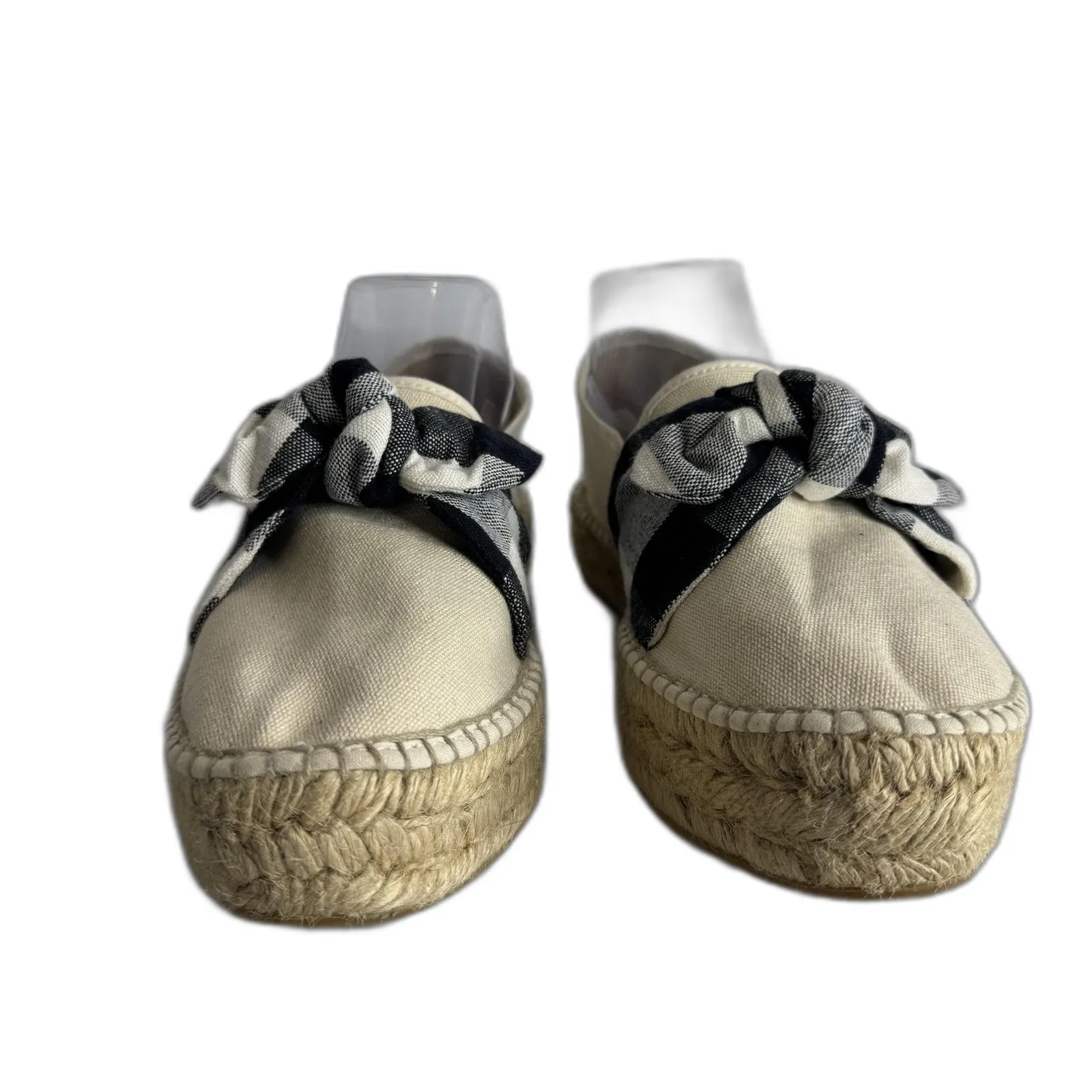 Loeffler Randall Shoes Womens Size 8.5 Beige Gingham Bow Espadrille Platform - Image 4