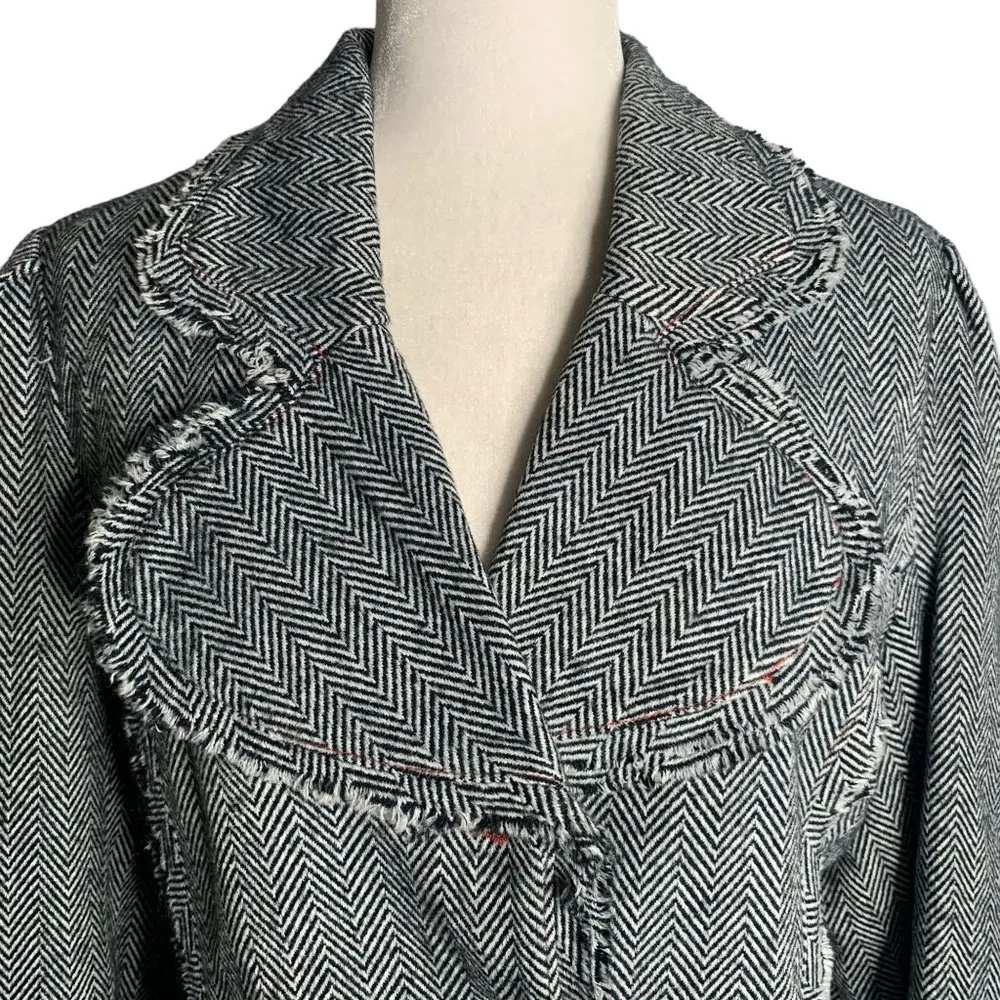 Black Rivet Chevron Stripe Blazer Jacket L Black Leopard Lined Buttons Raw Edges - Image 2