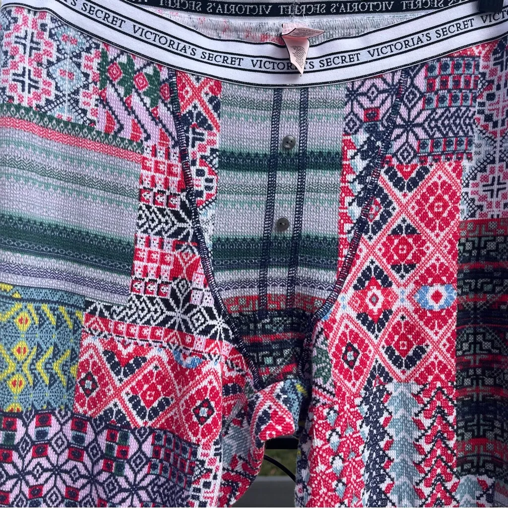 Victoria’s Secret Cotton Thermal Long Jane John Patchwork Pajama Set Size L - Image 10