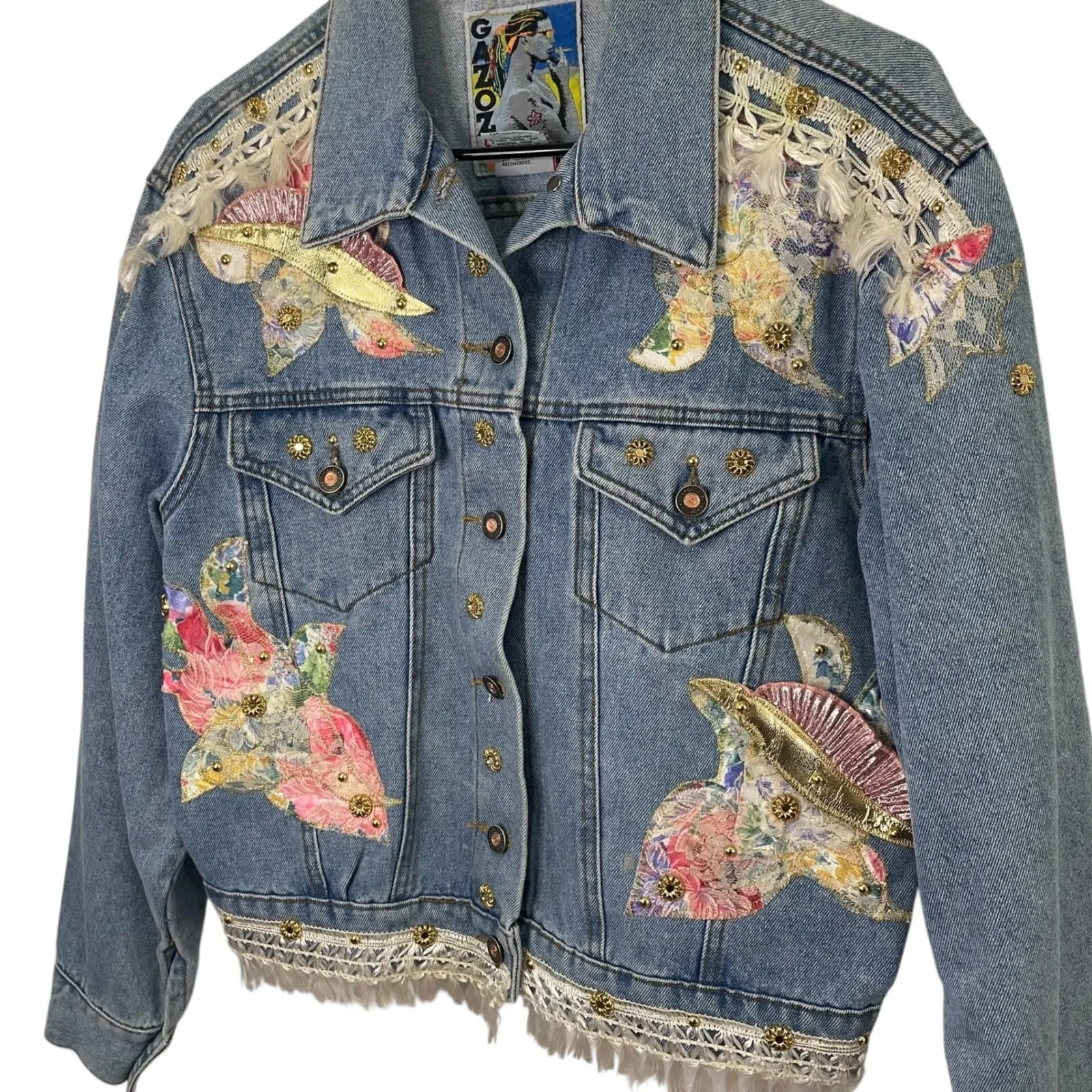 Gazoz 80s Embellished Denim Jacket‎ Floral Applique Lace Trim Unique Vintage M Blue Size M - Image 2