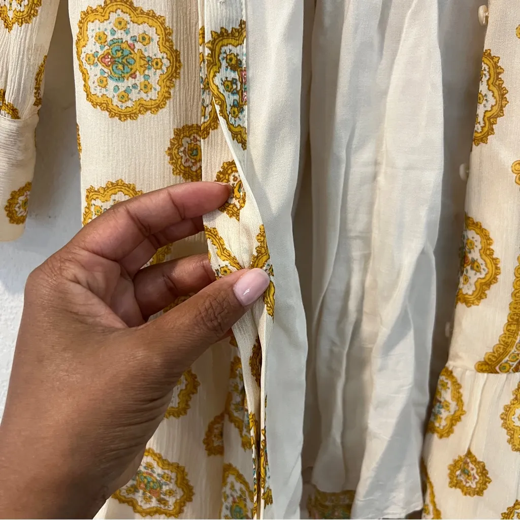 PAIGE Portofino Floral Crinkle Silk Chiffon Shirtdress in Birch Turmeric Size S‎ - Image 4