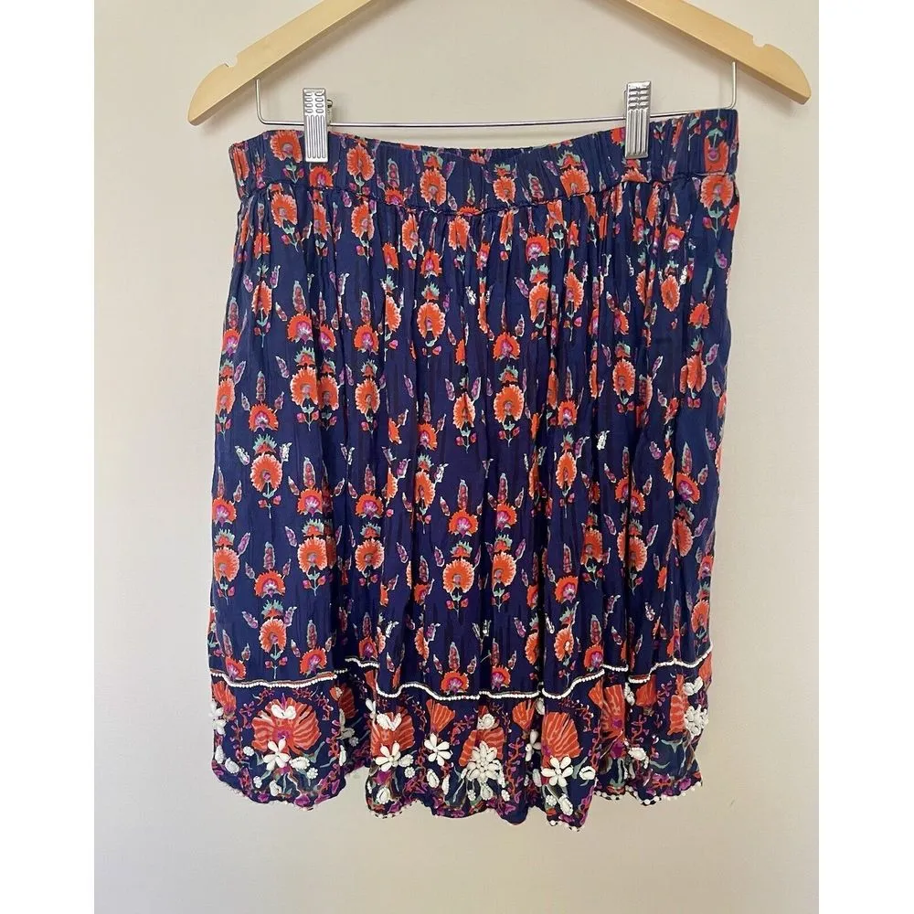 Taaj London Women Skirt Medium Blue Floral Beaded‎ Elastic Waist Boho Peasant - Image 2