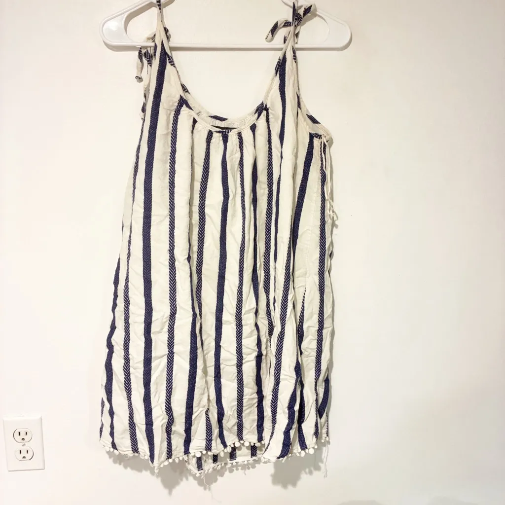 The Jetset Diaries TJD Nautical‎ Blue White Stripe Linen Pom Pom Dress Large - Image 6