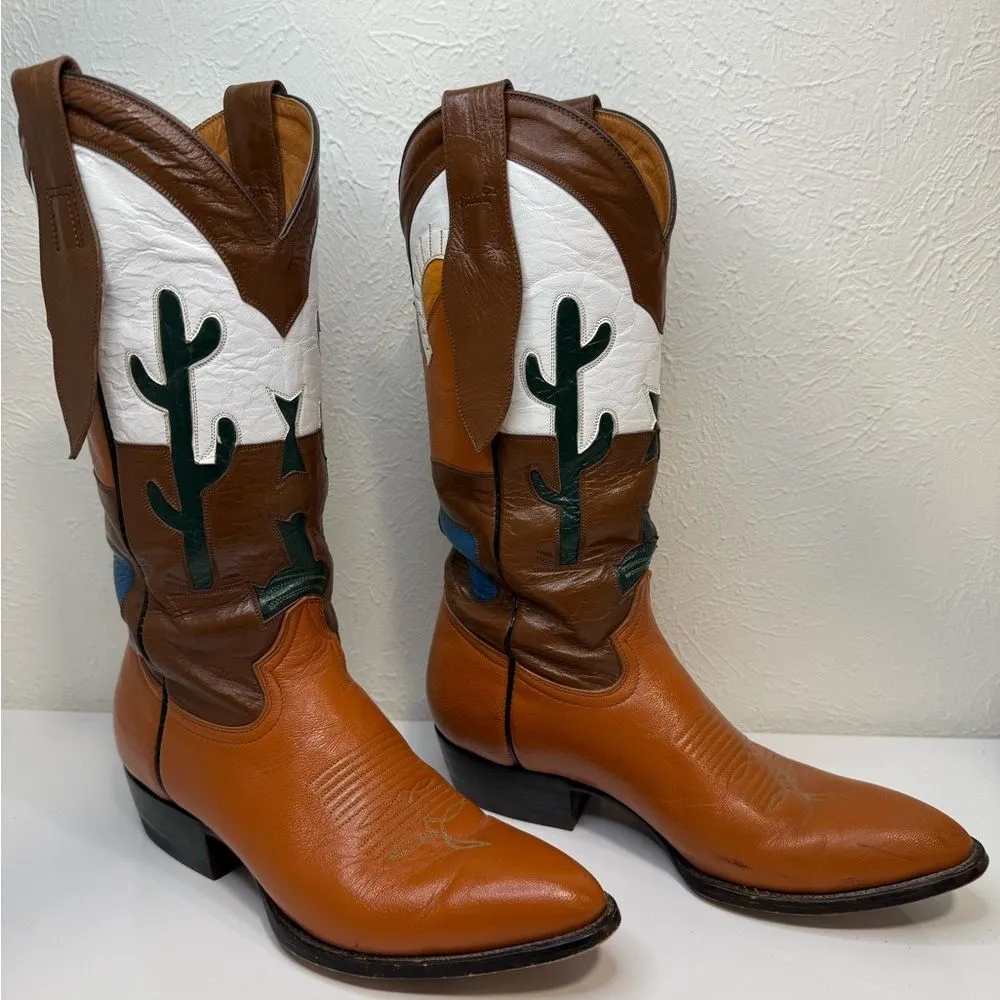 Vintage Montana Boots Cactus Western Horizon Scene Brown Tan White 7B RARE EUC - Image 3