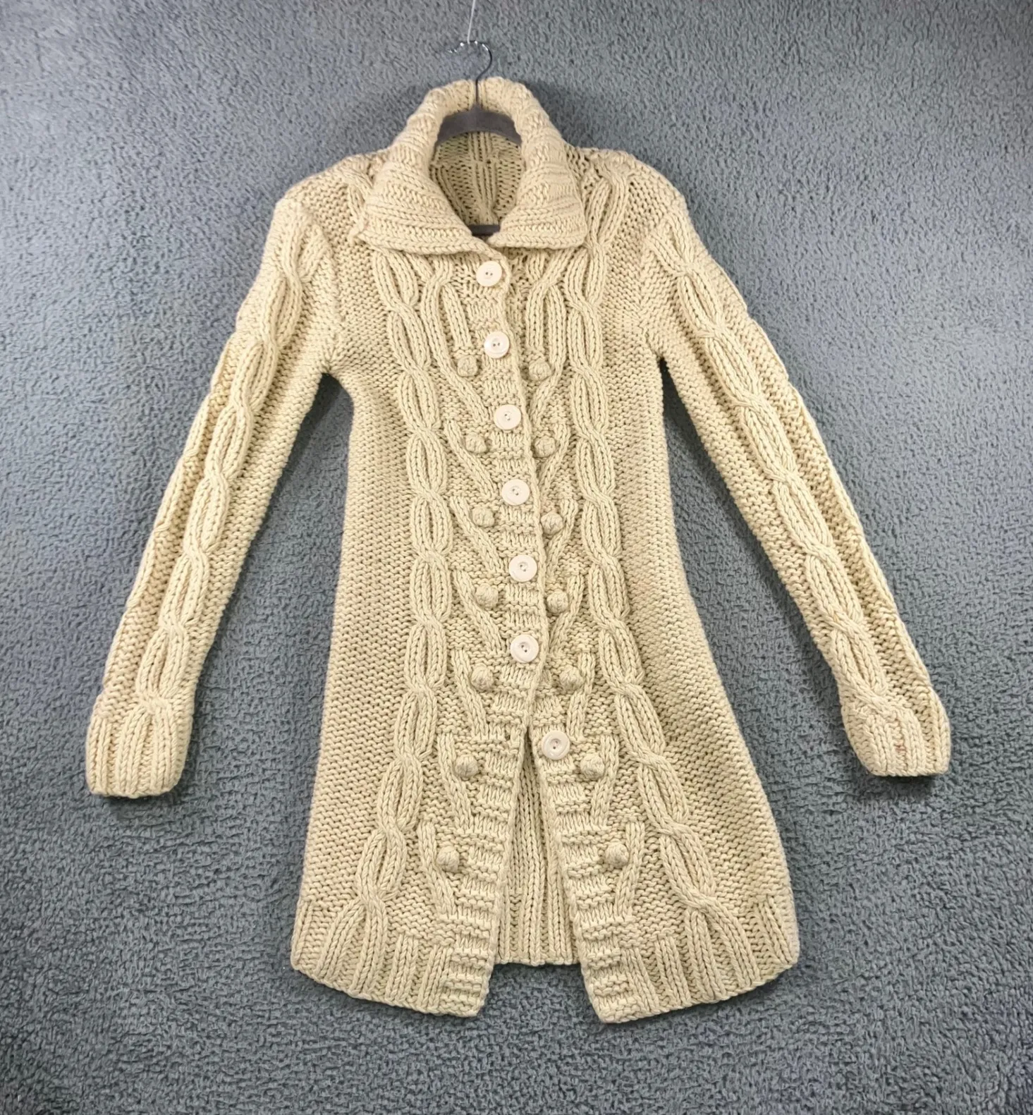 Vtg Cable Knit Long Cardigan Sweater Women XS/S Button Front Chunky Collared - Image 1