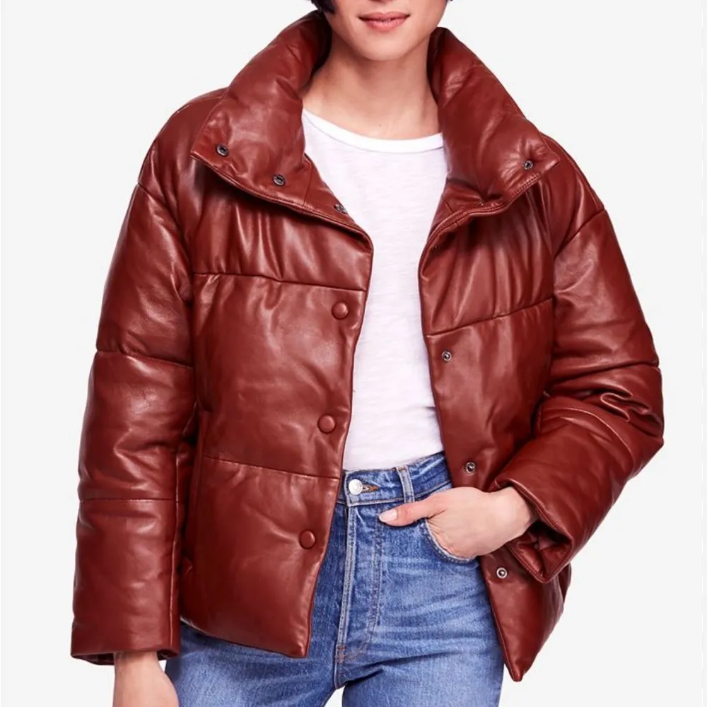Free People RARE genuine leather Quilted Bomber Snap Puffer coat NEW - Image 5
