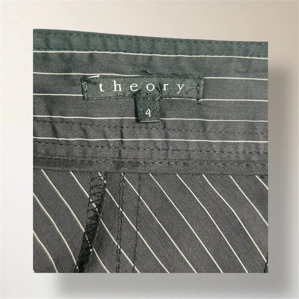 Theory Women's 4 Black Tan Pinstripe Pleated A-Line Skirt Office Career Academia - Image 7