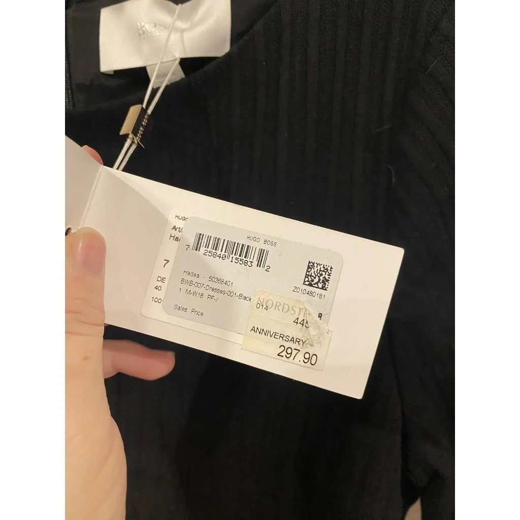 BOSS Hugo Boss Dress Womens 8 Black Hadea Ribbed Knit Short Sleeve Sheath Zip - Image 4