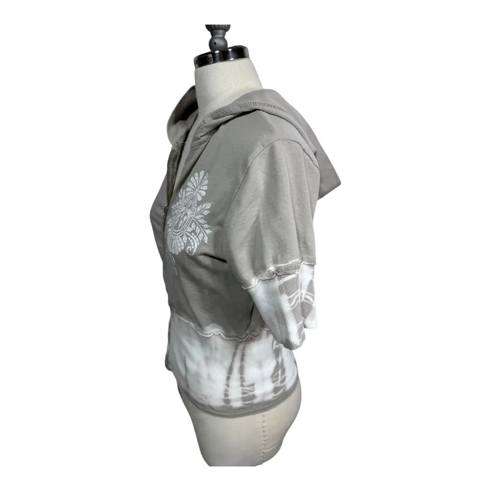 Yogi Y2K Tie Dye Zip Hoodie Metallic Paisley Boho Short Sleeve Womens Medium USA Tan - Image 4
