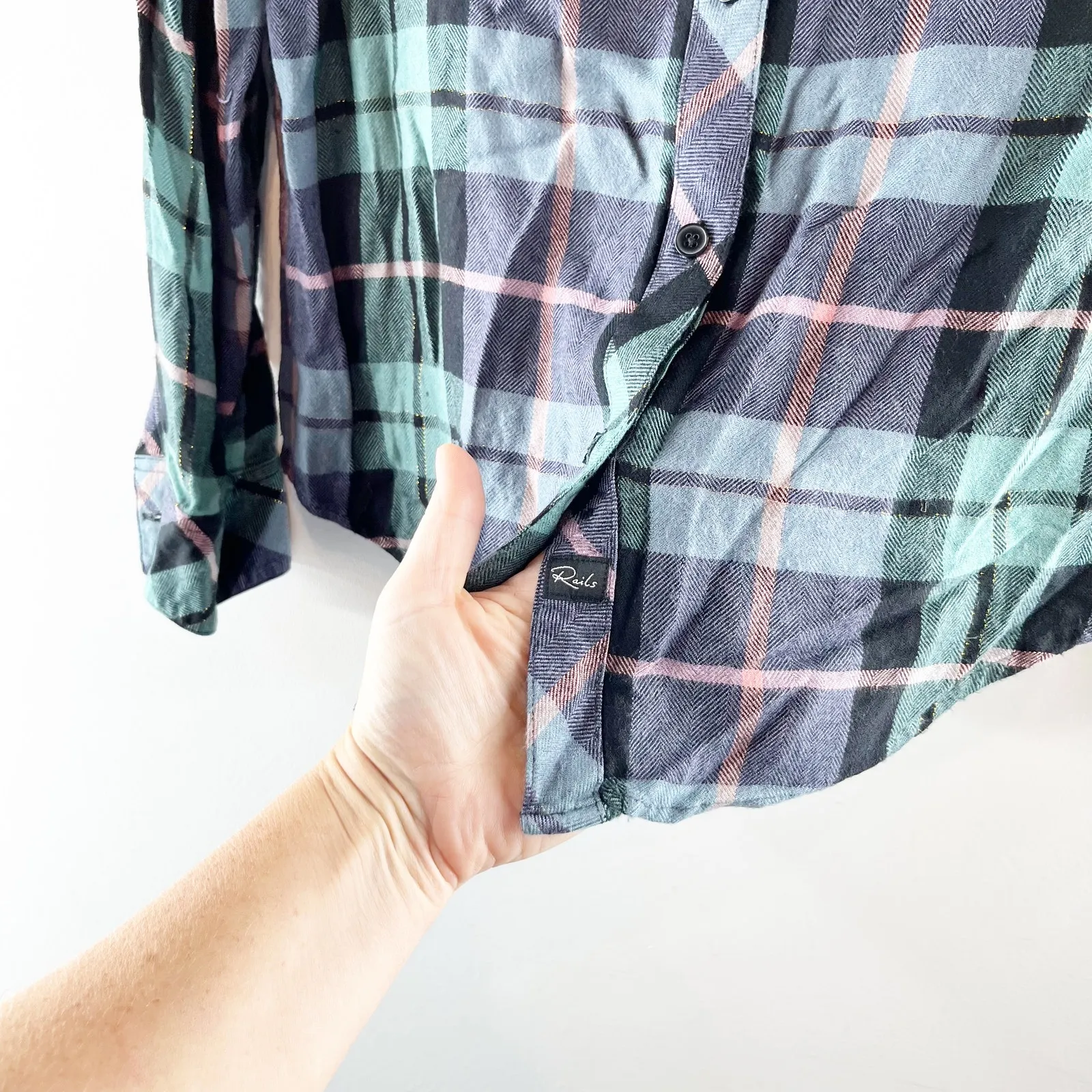 Rails Hunter Plaid Button Up Long Sleeve Shirt Teal Navy Blue Pink Small - Image 7