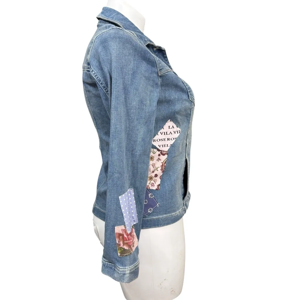 Chico's Patchwork Jean Jacket US M Blue Pink - Image 4