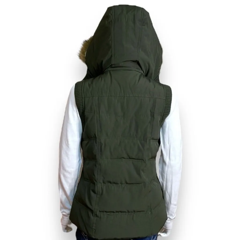 Down Puffer Vest Army Green Detachable Faux Fur Hood Women’s Size XS G.H. Bass - Image 6