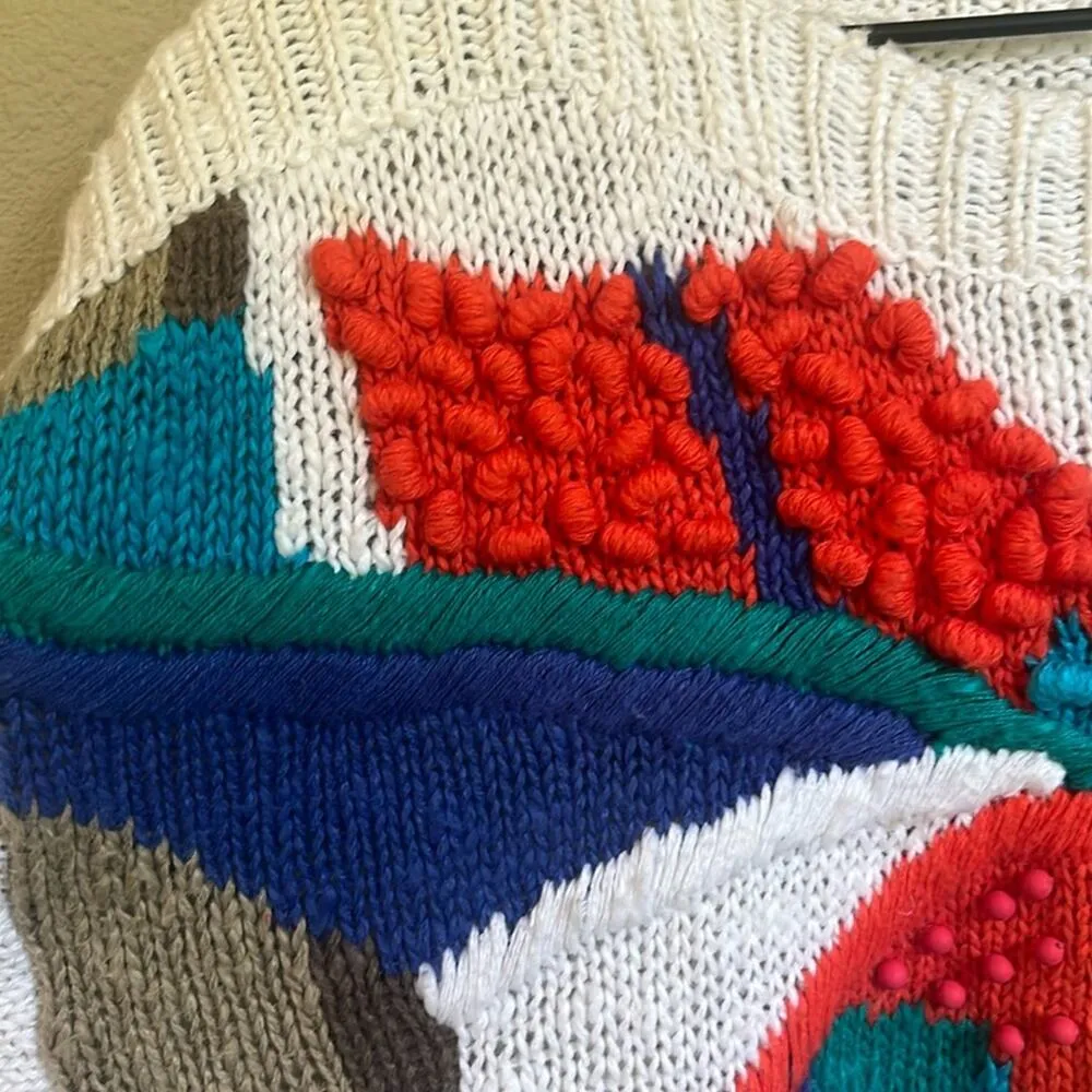 Vtg 3D Knit Sweater Sz Small Beaded Multicolor Funky Rad 80s 90s Art to Wear - Image 3