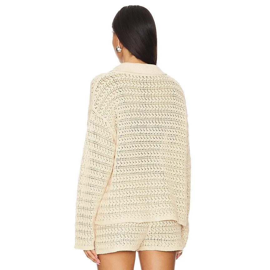 Tularosa Fabiana Beige Button Cardigan Sweater Shorts Crochet Knit Set S - Image 3