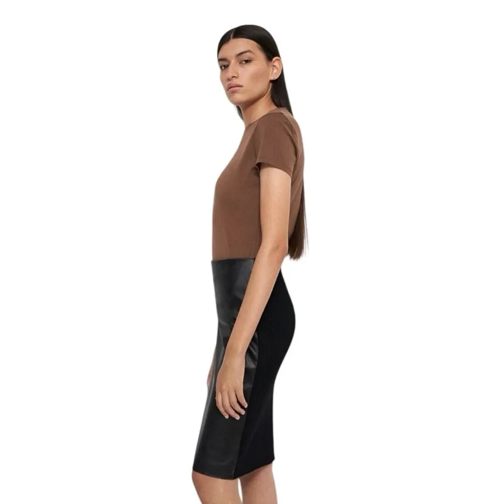 NEW Theory $495 Black Lamb Leather Ribbed Sweater Pencil Straight Midi Skirt XS - Image 3