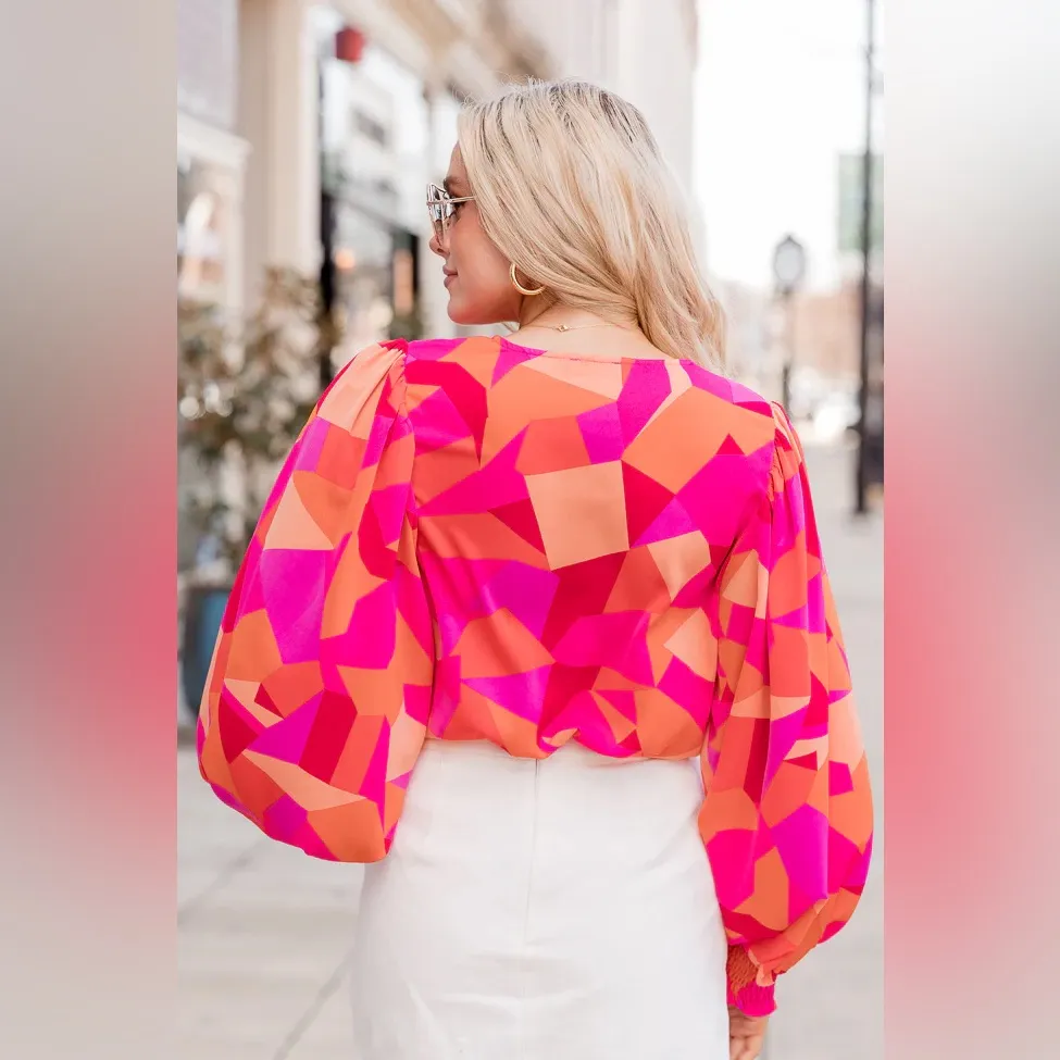 Pink Lily Pink and Orange Geo Print Bodysuit Blouse One Piece Size L - Image 9