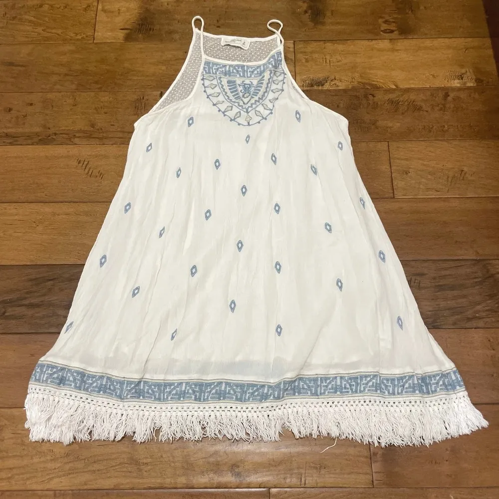 Abercrombie & Fitch White & Blue Sleeveless Fringe Aztec Mini Dress - Image 9