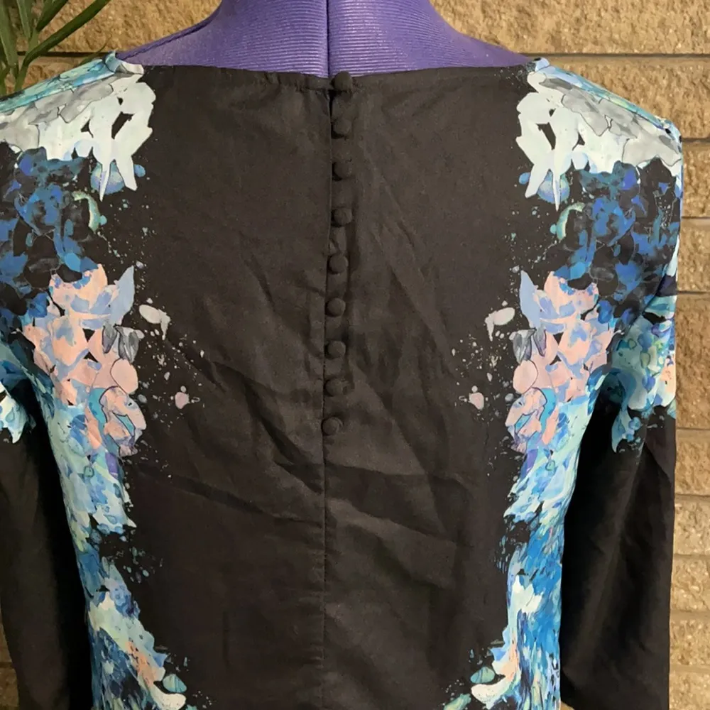 H&M Womens 12 Blue Floral Flower Long 3/4 Sleeve Midi Shift Dress Watercolor - Image 3