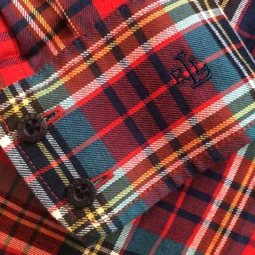 RALPH LAUREN Women’s Red Plaid Frill Button Down Blouse With Button Cuffs SZ P/M - Image 6