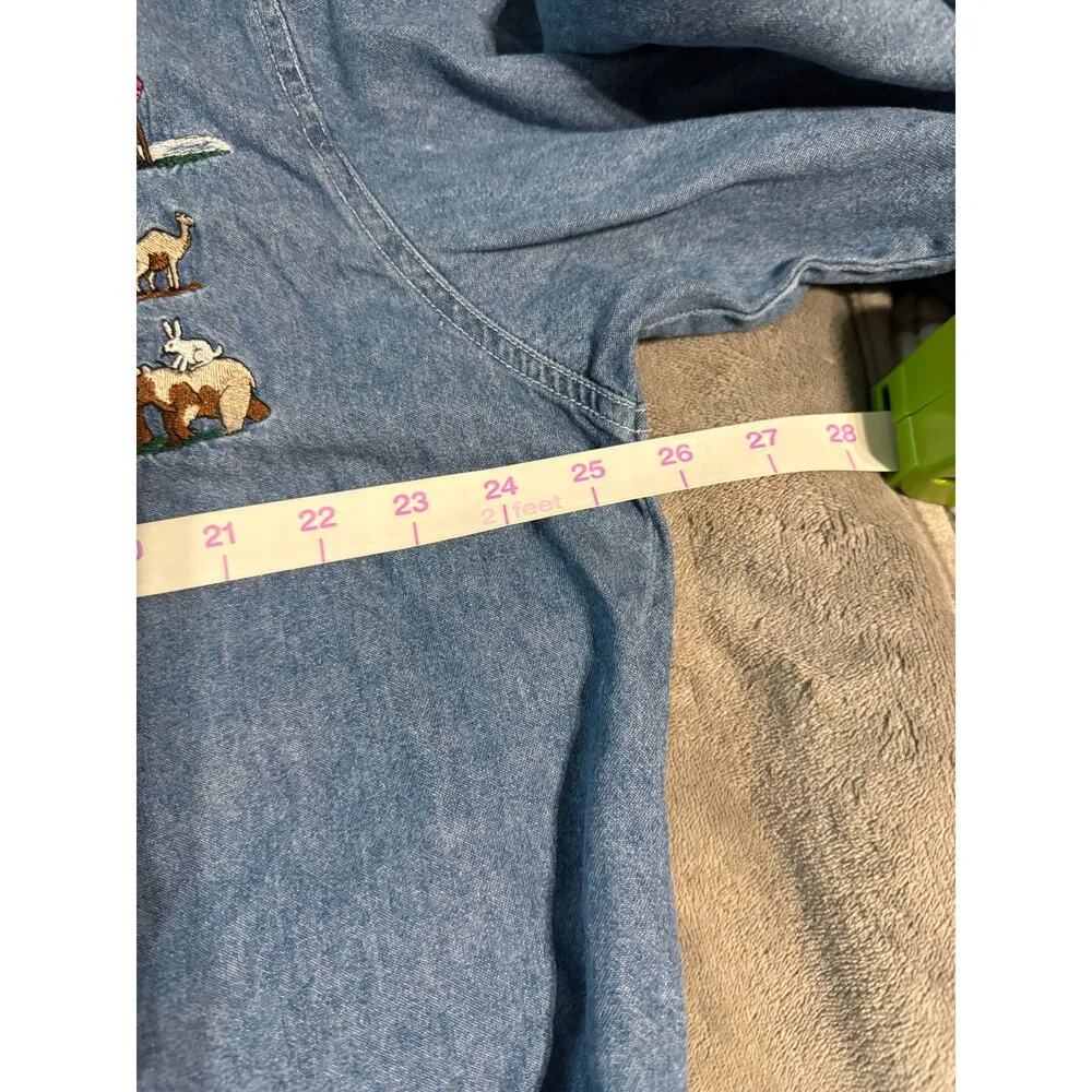 Quizz Shirt Women Size 22 Vintage Noah's Ark Scene Button Up Cotton Embroidery‎ Blue - Image 7