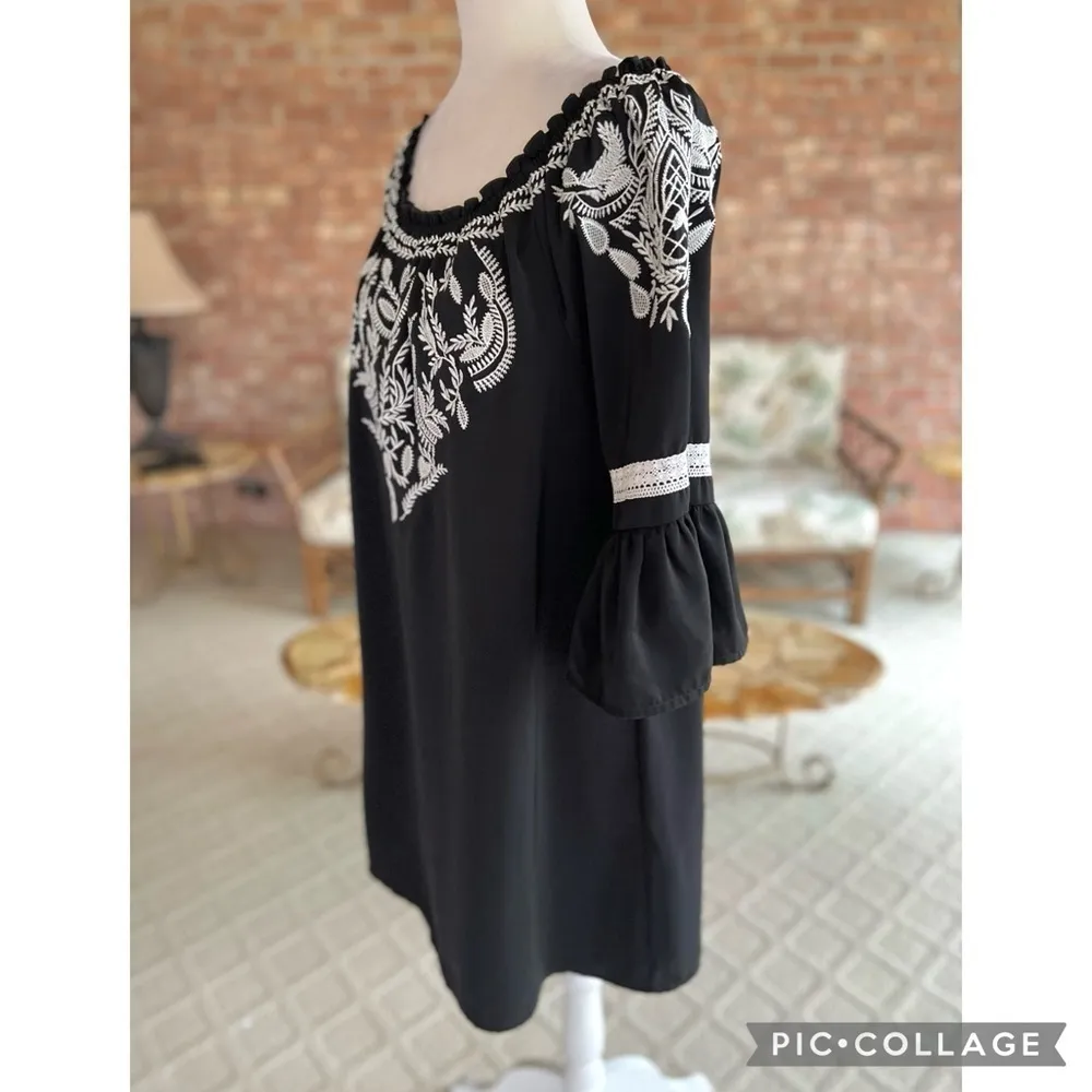 Charter Club Spring Horizon Dress Embroidered Black S Bell Sleeve Boho Party Mod - Image 8