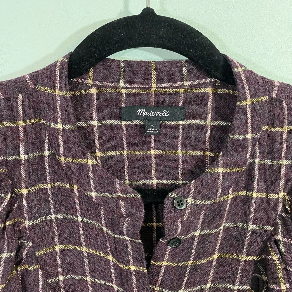 Madewell Women's Purple Plaid Ruffle Front Button Up Blouse Size S - Image 5