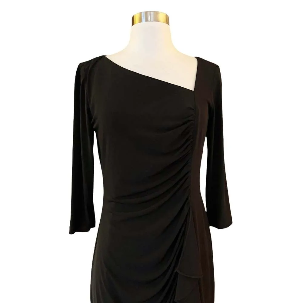 DAVID MEISTER Black Sheath Cocktail Dress Ruched Ruffles 3/4 Sleeves Midi 4 EUC - Image 9
